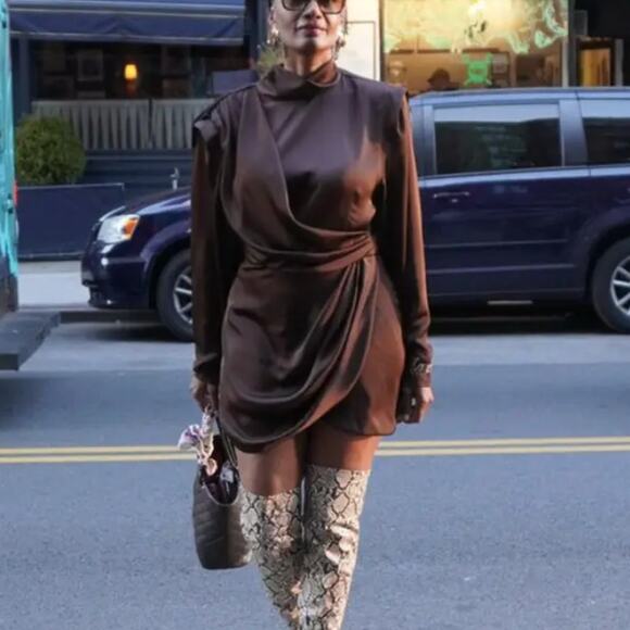 Ronny Kobo Brown Ruched Satin Mockneck Mini Dress XL Cocktail Chic Designer $600 - Picture 6 of 11